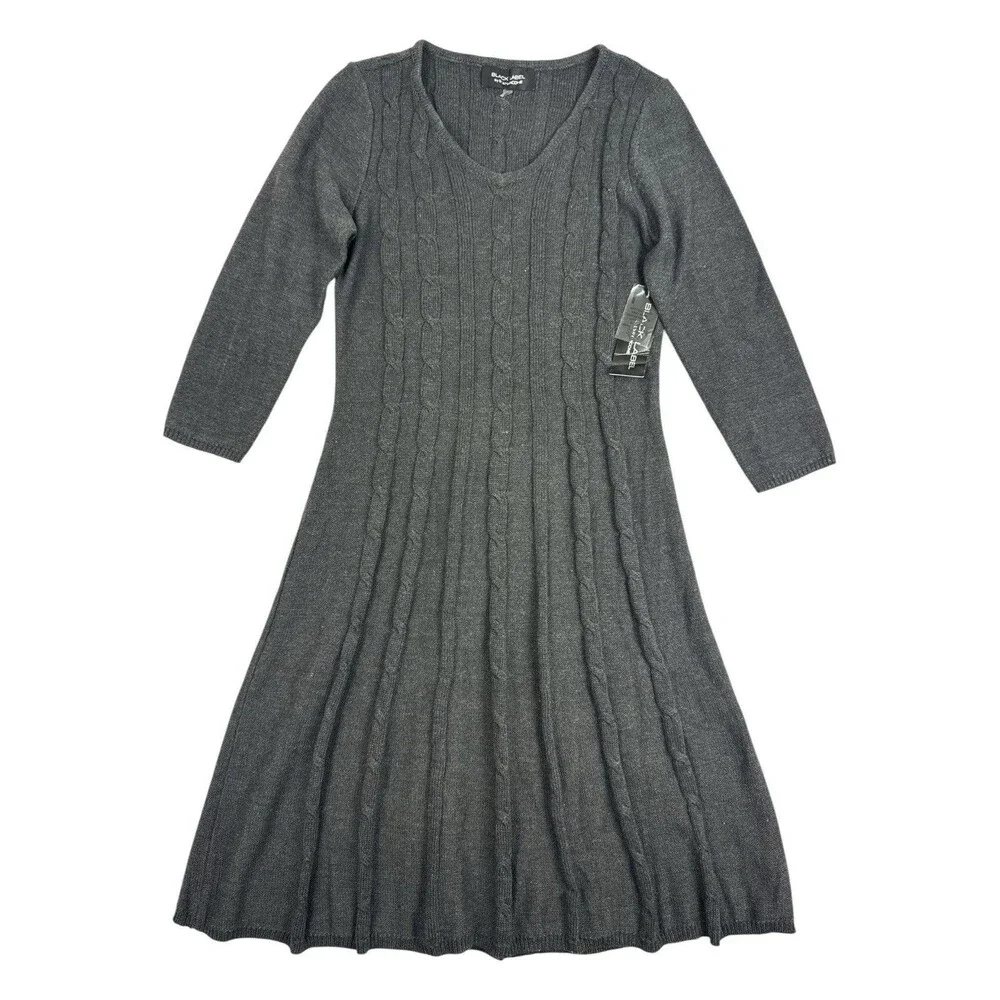 Black Label by Evan-Picone Cable Knit Sweater Dress Charcoal Gray Size L NWT - Picture 2 of 8